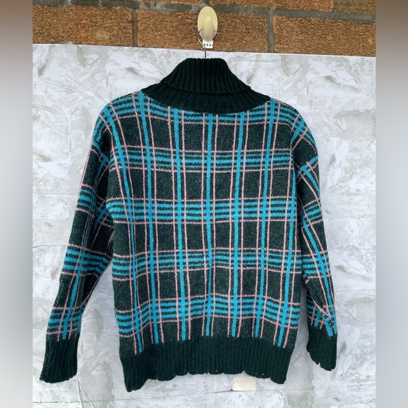 B.yu Italy Alpaca Blend Plaid Turtleneck – Dark Academia Forest Green Sweater - Picture 6 of 10